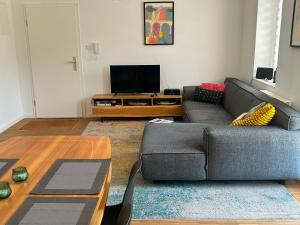 a living room with a couch and a tv at Haus Charlottenburg 2, zentrumsnah mit Blick auf die Festung, mit Sauna-Option in Königstein an der Elbe