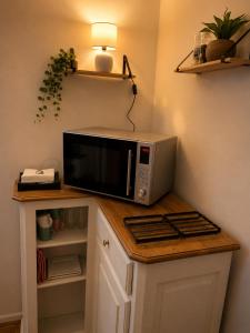 a microwave sitting on top of a kitchen counter at Secret Garden in Waterloo