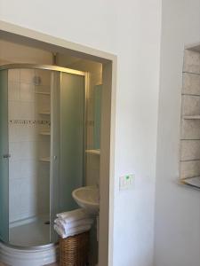 a bathroom with a glass shower and a sink at seafront HOUSE LALA Vinišće in Vinišće