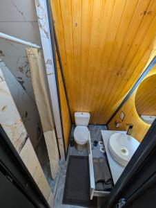 a small bathroom with a toilet and a sink at Hanul Haiducilor in Şendreni