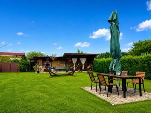a patio with a table and a green umbrella at Pensiunea Denis in Cârțișoara