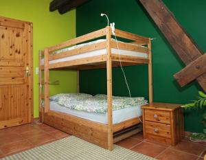 a bunk bed in a room with a green wall at Ferien am Schloss - Wohnung 4 "der Hund", Ferienwohnung am Badesee in Behren-Lübchin