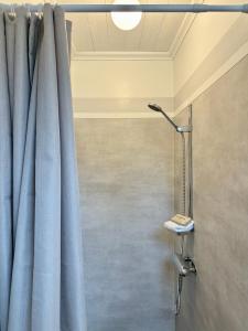 a shower with a blue curtain in a bathroom at Boende i Sandarne in Sandarne +21 photos