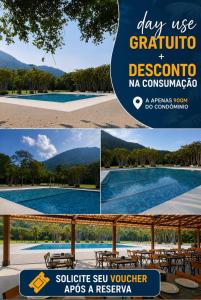 a collage of photos of a swimming pool at Via Première - Suíte - Riocentro - Barra Olímpica - Vista Panorâmica in Rio de Janeiro
