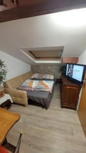 a bedroom with a bed and a couch and a television at Eos in Piran