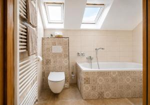 a bathroom with a toilet and a bath tub at Ayni Apartment Semily in Bohemian Paradise in Semily +6 photos