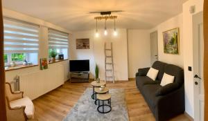 a living room with a couch and a tv at Au fil de la Semois in Bohan
