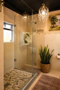 a bathroom with a shower with a chandelier at Art-Inspired Bedroom Close to CBD in Mossel Bay
