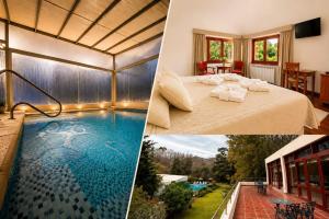 a hotel room with a swimming pool and a bedroom at Panacea Hotel in Villa General Belgrano