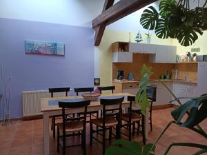 a kitchen with a table and chairs in a room at Ferien am Schloss - Wohnung 5 "der Hahn", Ferienwohnung am Badesee in Behren-Lübchin +34 photos