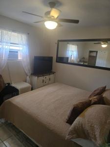 a bedroom with a bed and a ceiling fan at Welcome to this romantic getaway in Sarasota