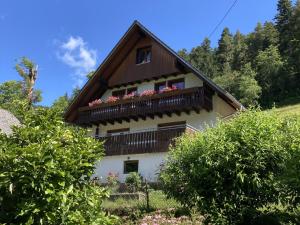 a house with a balcony with flowers on it at Obergießhof Waldbauernhof in Hornberg +8 photos