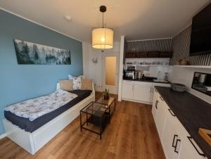 a small bedroom with a bed and a kitchen at ParkNest - Apartment am Kurpark in Bad Klosterlausnitz +7 photos