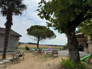 a group of picnic tables and chairs in a yard at Maison sur Coline in Lectoure