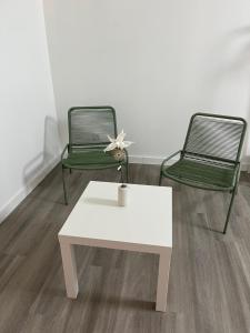 two green chairs and a white coffee table with a flower at Maison Teiss in Aigues-Mortes