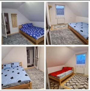 four different pictures of a bedroom with two beds at Erdőszéli vendégház in Ghiduţ