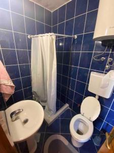 a blue tiled bathroom with a toilet and a sink at Apartmani Adelisa in Šušanj
