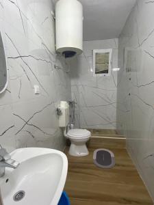 a bathroom with a white sink and a toilet at Apartmani Adelisa in Šušanj