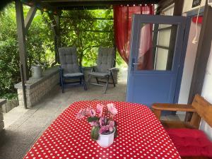 a table with a red and white polka dot table cloth at Ferienwohnung Lindenstraße in Pirna