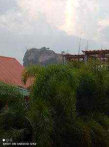 a view of a mountain in the distance with palm trees at Rithu Homestay in Sigiriya