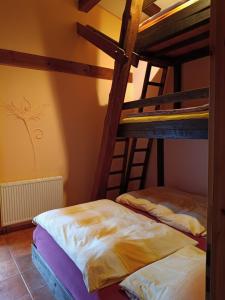 two bunk beds in a room next to a wall at Ferien am Schloss - Wohnung 6 "der Pferdestall", Ferienwohnung am Badesee in Behren-Lübchin