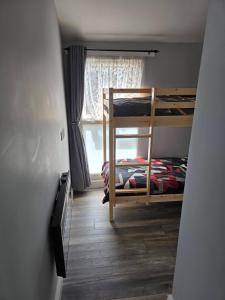 a small room with a bunk bed and a window at Lownie lodge in Leysdown-on-Sea