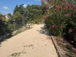 a dirt road with pink flowers and a bush at Il Casale in Soiano del Lago