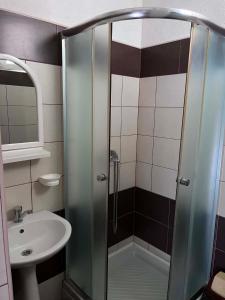 a bathroom with a shower and a sink at Krapce - Lake View Apartments in Star Dojran