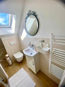 a bathroom with a sink and a toilet and a mirror at Apartmány Lednice in Lednice +12 photos