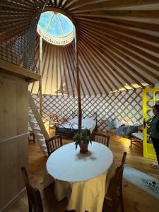 a table in a yurt with a potted plant on it at séjourner en yourte in Gans