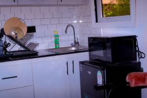 a kitchen counter with a microwave and a sink at MPD Deluxe Suites in Kakamega