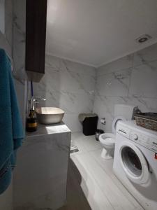 a bathroom with a washing machine and a toilet at Chora Residence in Khóra