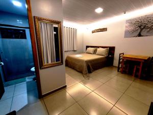 a bedroom with a bed and a mirror in a room at Fox pousada das águas in Prudentópolis