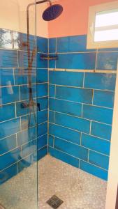 a blue tiled shower with a glass shower backdoor at Kay Lili in Rivière-Pilote
