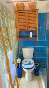 a bathroom with a toilet and a blue tiled wall at Kay Lili in Rivière-Pilote