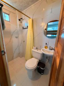 a bathroom with a toilet and a sink at El Gran Jeronimo Hostal Rincon del Mar in Rincón +13 photos