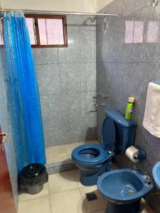 a bathroom with a blue toilet and a sink at WasyLopez in Maimará