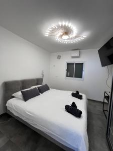 a bedroom with a large white bed and a light at סוויטת נוף התכלת in Migdal
