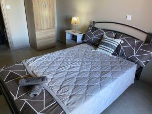 a large bed in a bedroom with a lamp at Villa J&C-SAINT AIMILIANOS in Porto Heli