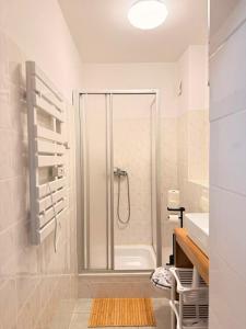 a bathroom with a shower and a sink at EBRAM II Apartments Görlitz in Görlitz +37 photos