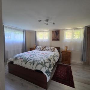 a bedroom with a large bed and windows at Le Jardin de Courcelle in Gif-sur-Yvette +2 photos