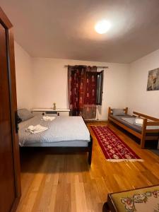 a bedroom with two beds and a red rug at Musical Pansion Radgost, Rtanj in Rtanj