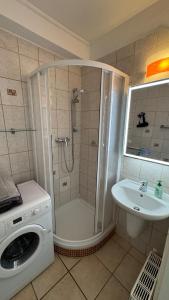 a bathroom with a shower and a sink and a washing machine at Nice Studio Apartment in Gumpoldskirchen