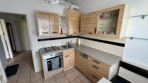 a kitchen with wooden cabinets and a stove top oven at Nice Studio Apartment in Gumpoldskirchen