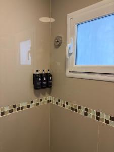 a bathroom with a shower with a window at Los Medanos 1 in Puerto Madryn