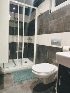 a bathroom with a toilet and a shower at Apartman Brzović in Omiš