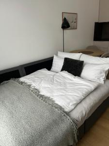 a large bed with white sheets and black pillows at Apartament Mini Stary Sącz in Stary Sącz +1 photo