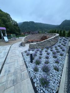 a rock garden with purple flowers and a bench at Osada pod Sokolicą in Krościenko