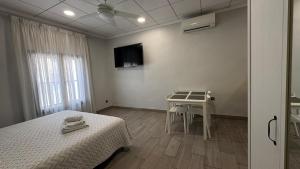 a room with a bed and a table and a television at Alojamientos Templete in Caravaca de la Cruz