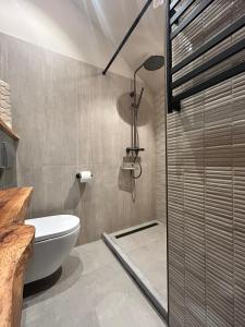 a bathroom with a white toilet and a shower at De Strandjutter in Warmenhuizen +15 photos